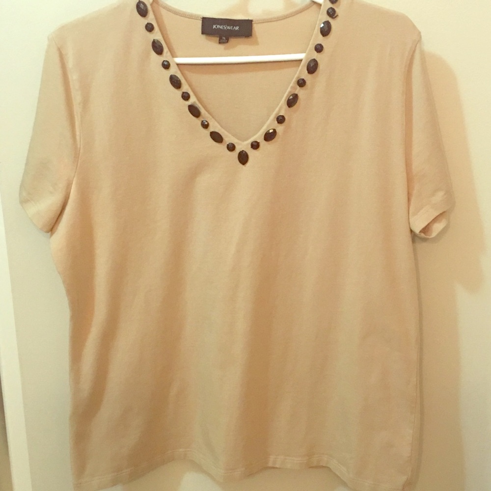 Tan shirt with decorative neckline by Jones Wear